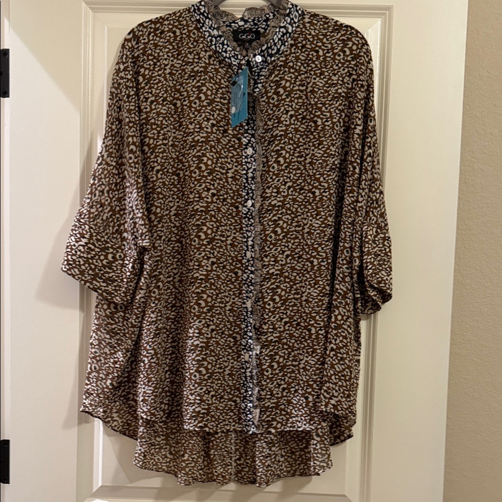 Gigio Brown, Navy, and White Patterned Women's Blouse Oversized Fit